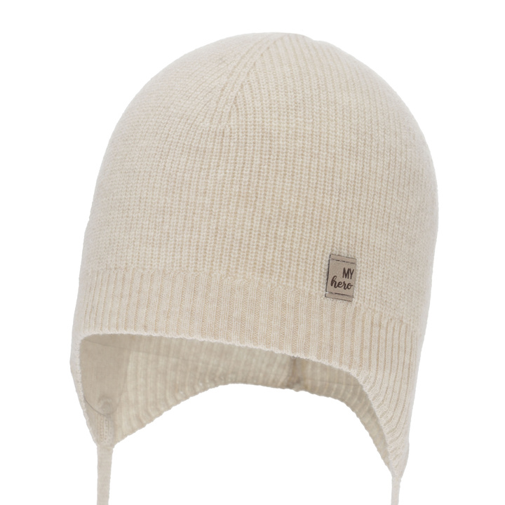 Bonnet automne/printemps garçon, beige clair, avec laine mérinos et cachemire, avec liens, Tono