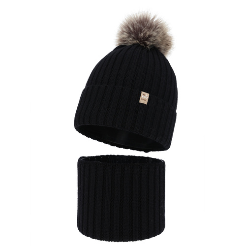 Ensemble d'hiver fille: bonnet et snood, noir, 100% Laine Mérinos, doublé de coton, avec pompon, Terida