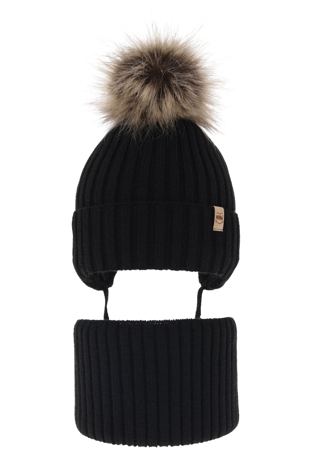 Ensemble d'hiver fille: bonnet et snood, noir, avec pompon, avec liens, Louisa