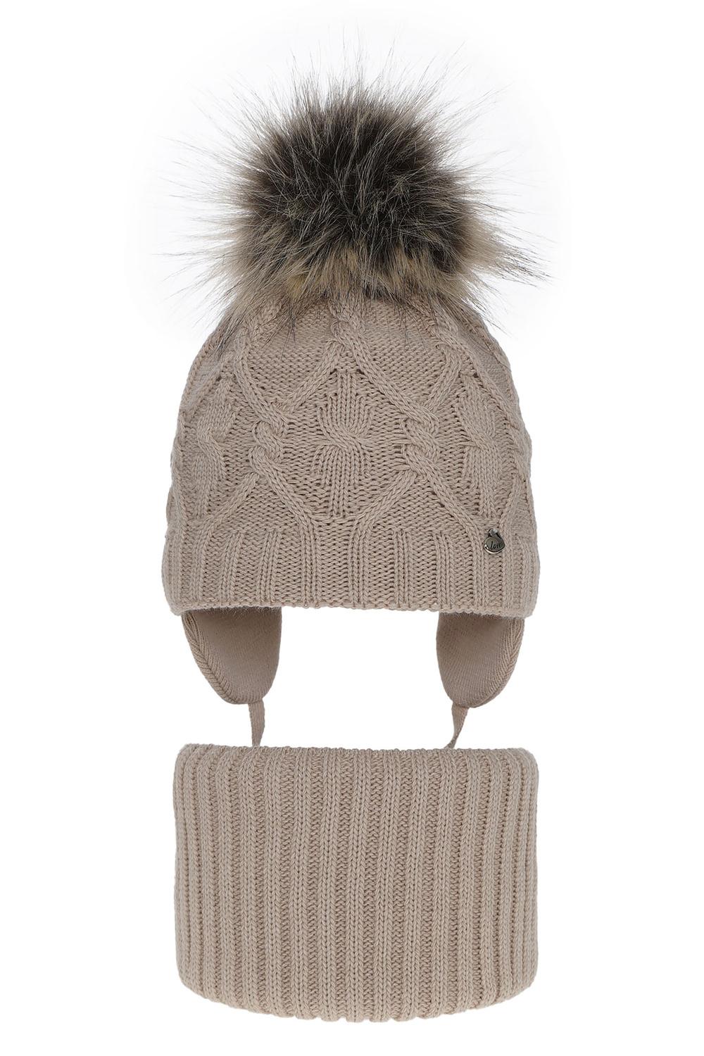 Ensemble d'hiver fille: bonnet et snood, beige, avec pompon, Elena
