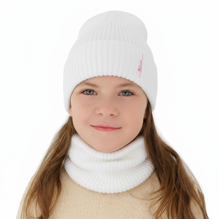 Ensemble automne/printemps fille: bonnet et snood, avec coton, blanc, Elvara