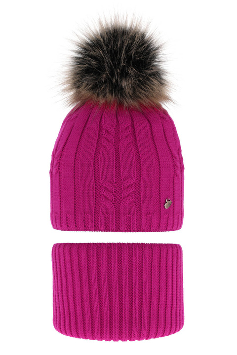 Ensemble d'hiver fille: bonnet et snood, rose, avec pompon, Amaltea