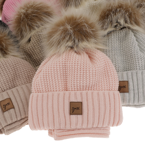 Ensemble d'hiver fille: bonnet et snood, rose, avec pompon, Juliette