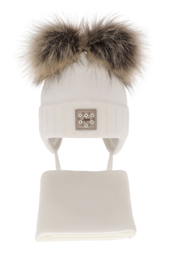Ensemble d'hiver fille: bonnet et écharpe, blanc, avec deux pompons, avec liens, Jazz