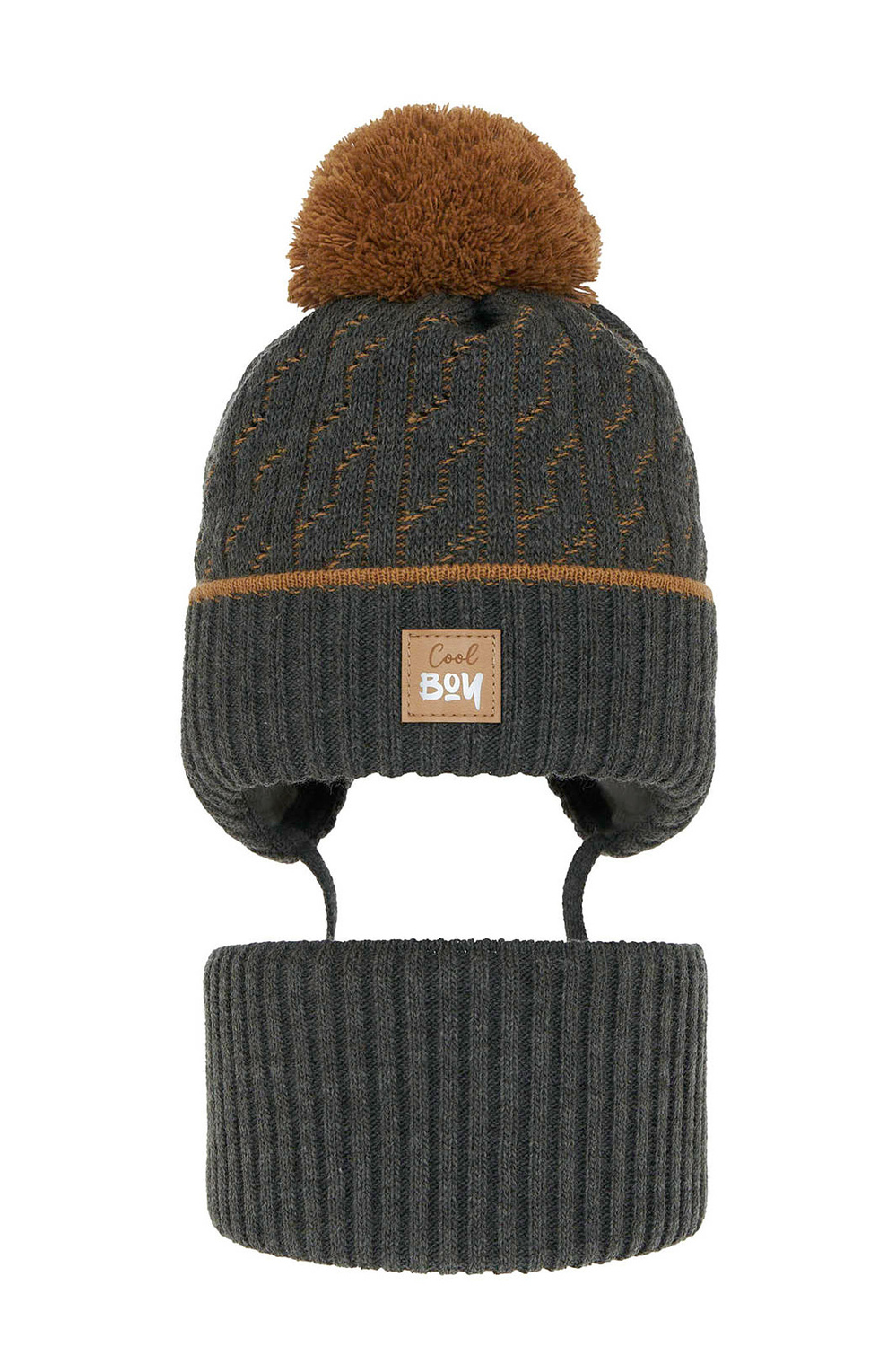 Ensemble d'hiver garçon: bonnet et snood, gris foncé, avec pompon, avec liens, Pikolo