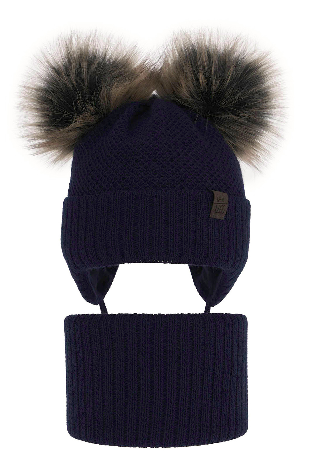 Ensemble d'hiver garçon: bonnet et snood, bleu marine, avec deux pompons, Randel