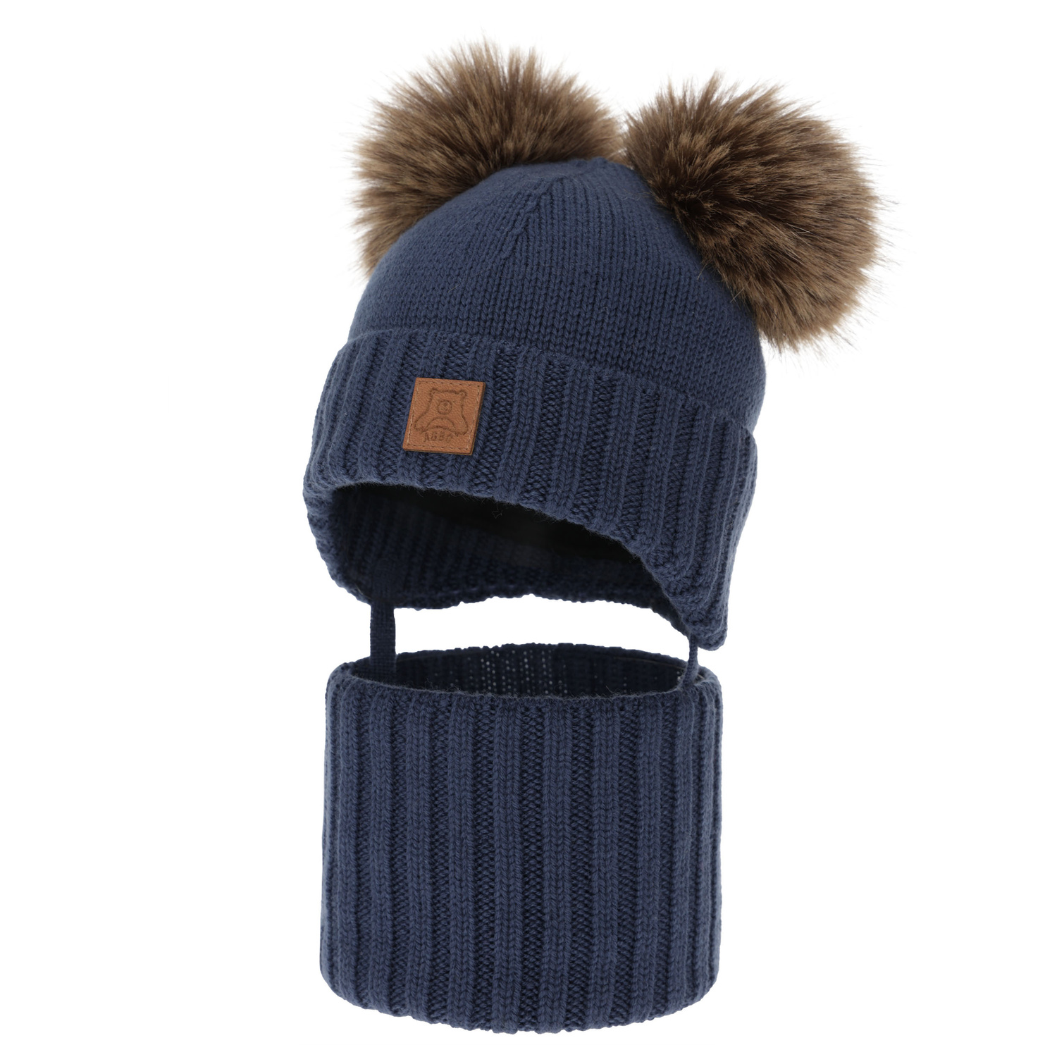 Ensemble bonnet et tour de cou garçon, hiver, bleu foncé, 100% laine mérinos, doublé polaire laine, Ronik