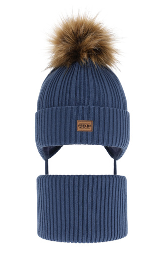Ensemble d'hiver garçon: bonnet et snood, bleu, avec pompon, Eger