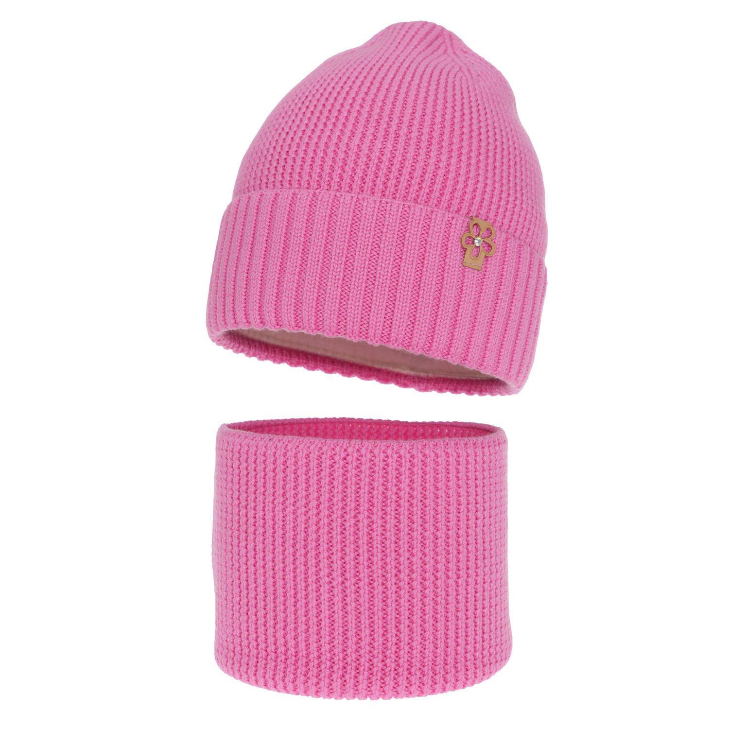 Ensemble d'hiver fille: bonnet et snood, rose, avec laine mérinos, Nelita