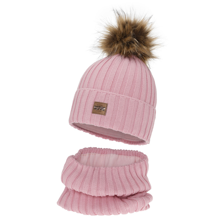 Ensemble d'hiver fille: bonnet et snood, rose, doublé de polaire, avec laine mérinos, Bellina