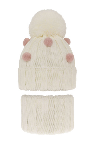 Ensemble d'hiver fille: bonnet et snood, crème, avec pompon, Hekate