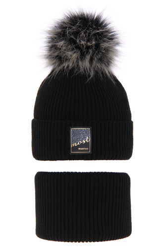 Ensemble d'hiver fille: bonnet et snood, noir, avec pompon, Sycylia