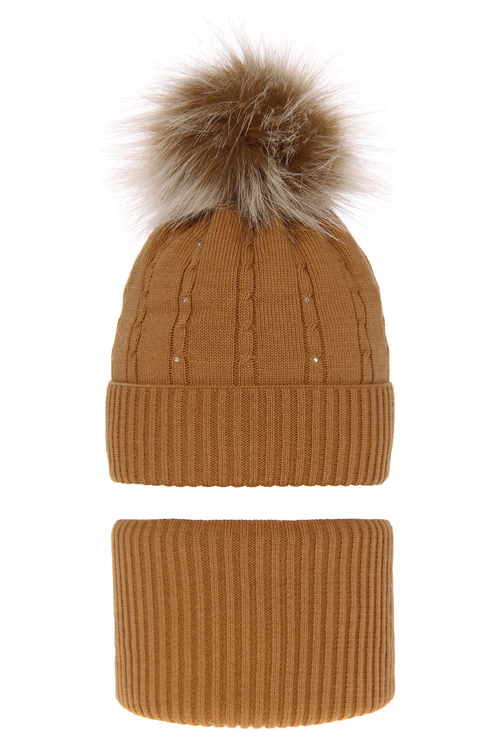 Ensemble d'hiver fille: bonnet et snood, camel, avec pompon, Lawa