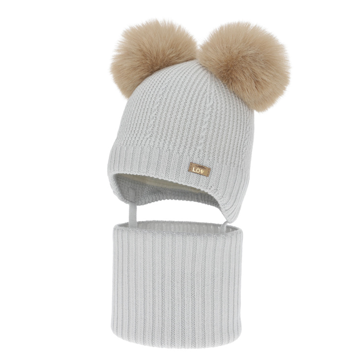 Ensemble bonnet et tour de cou fille, hiver, gris, 100% laine mérinos, doublé polaire laine, Lumia
