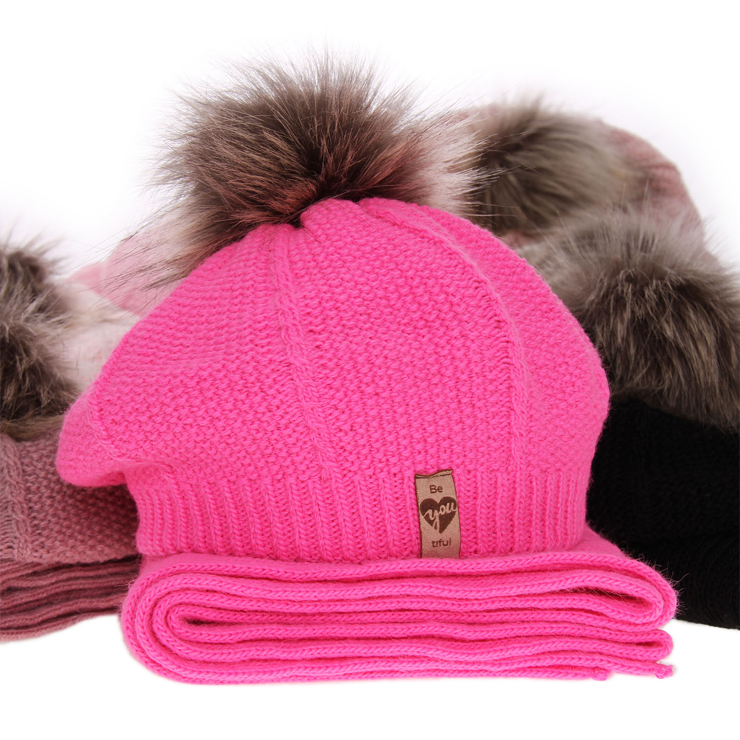 Ensemble d'hiver fille: beret et écharpe, rose, avec pompon, Elif