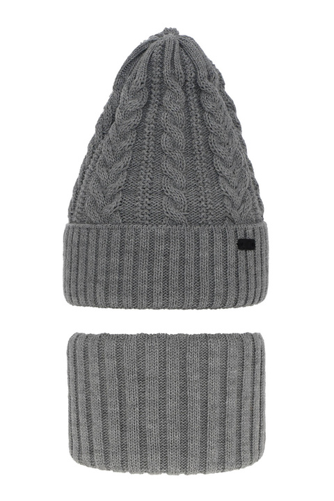Ensemble d'hiver garçon: bonnet et snood, gris, avec écusson, Colins