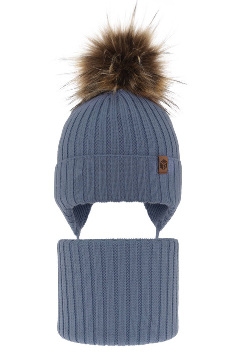 Ensemble d'hiver garçon: bonnet et snood, bleu clair, avec liens, avec laine mérinos, Juno