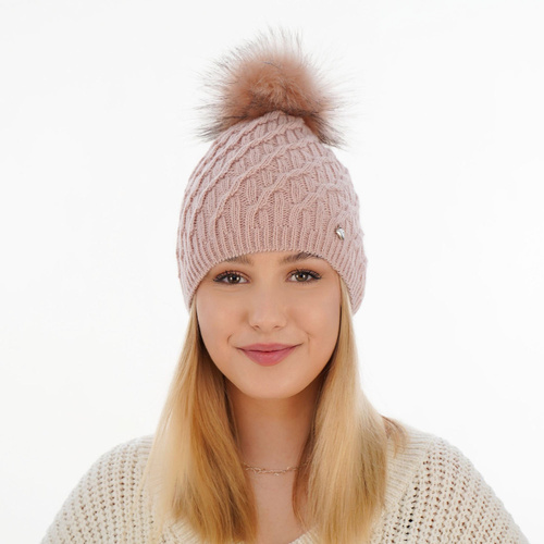 Bonnet d'hiver femme, hiver, rose, avec pompon, Kaskada
