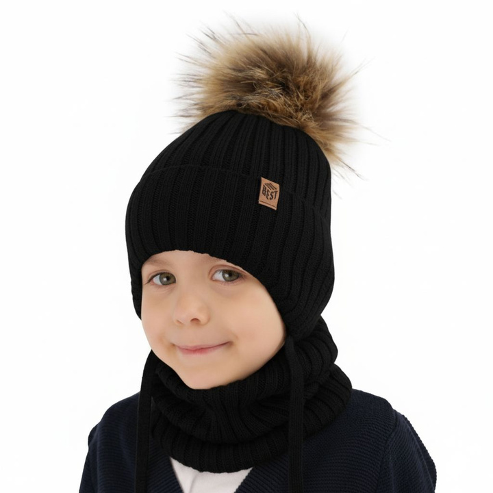 Ensemble d'hiver garçon: bonnet et snood, noir, avec laine mérinos, avec liens, Juno