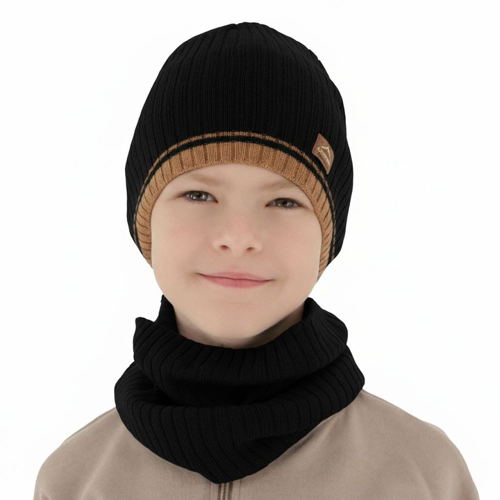 Ensemble automne/printemps garçon: bonnet et snood, noir, avec coton, Eirik