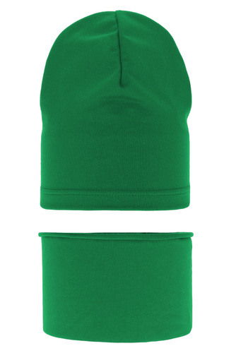 Ensemble automne/printemps garçon: bonnet et snood, vert, en coton, Hazel