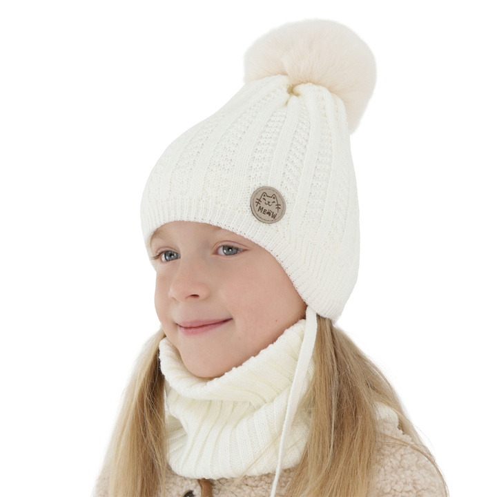 Ensemble d'hiver fille: bonnet et snood, crème, avec pompon, Kenta