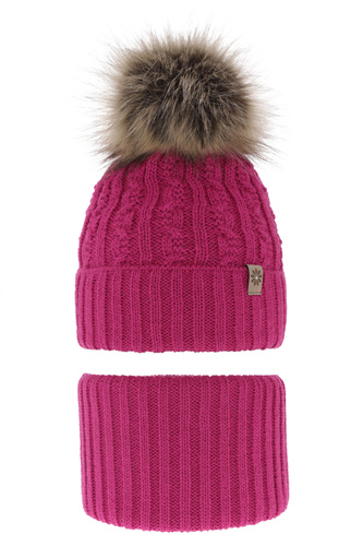 Ensemble d'hiver fille: bonnet et snood, rose, avec pompon, Pretoria