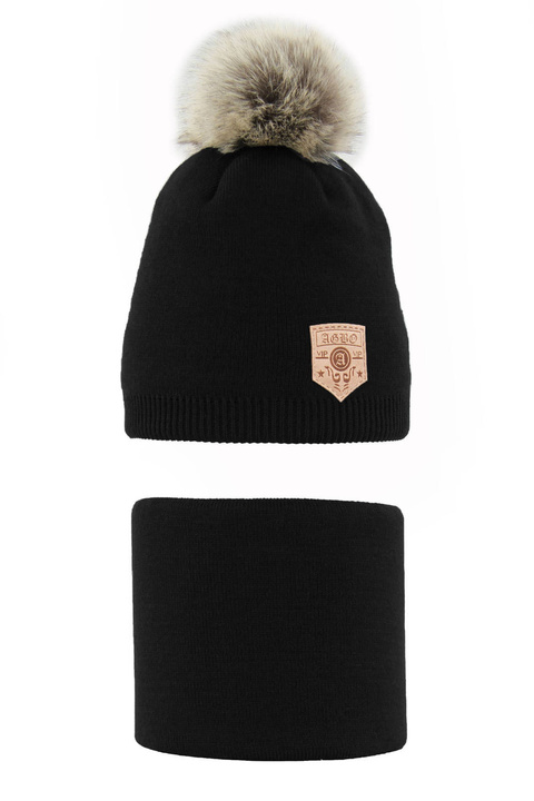 Ensemble d'hiver garçon: bonnet et snood, noir, avec pompon, Apolin