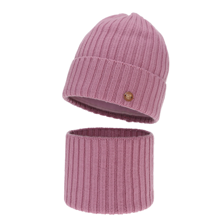 Ensemble d'hiver fille: bonnet et snood, rose, 100% laine mérinos, doublé de coton, Vanira