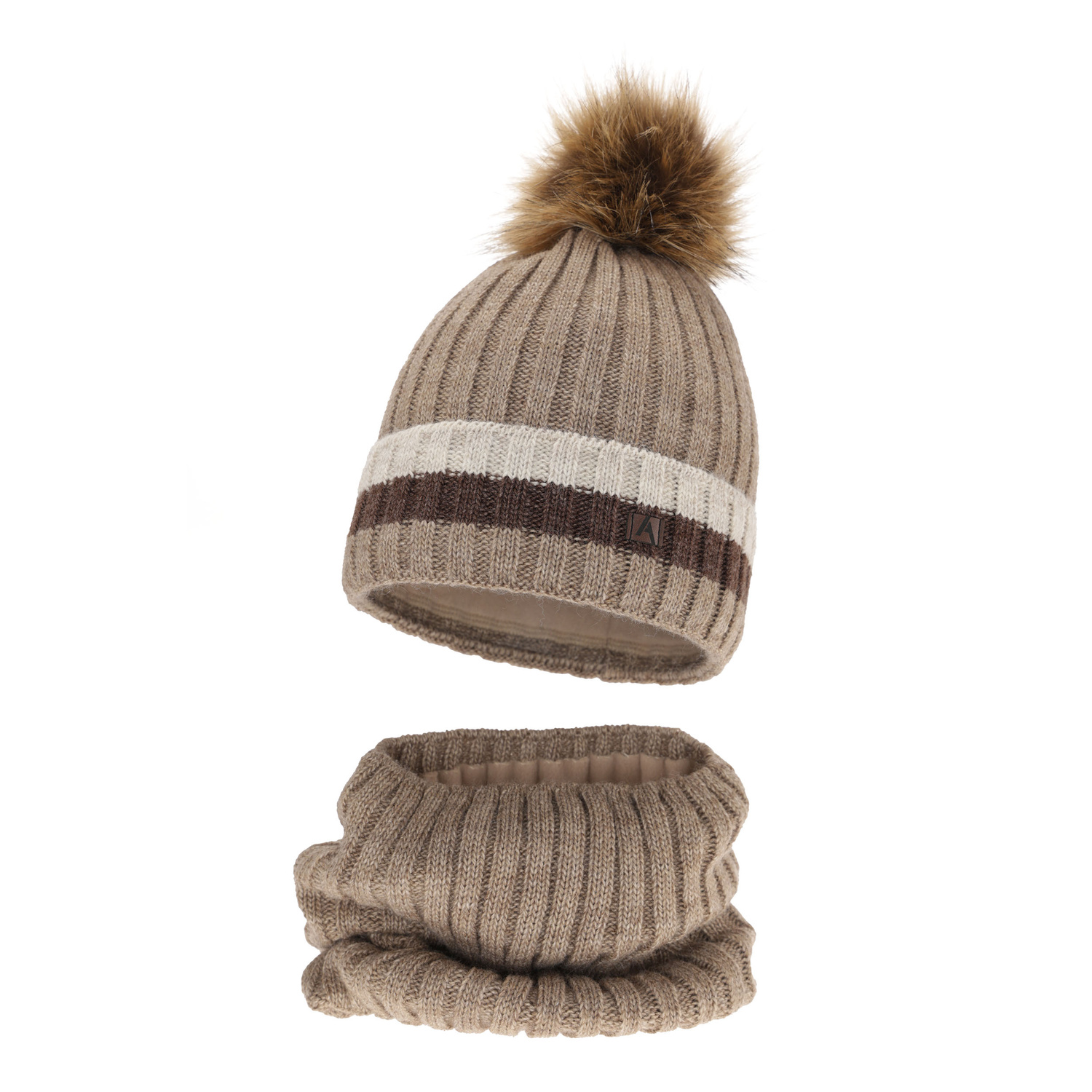 Ensemble d'hiver garçon: bonnet et snood, beige, avec pompon, doublé de polaire, Beno