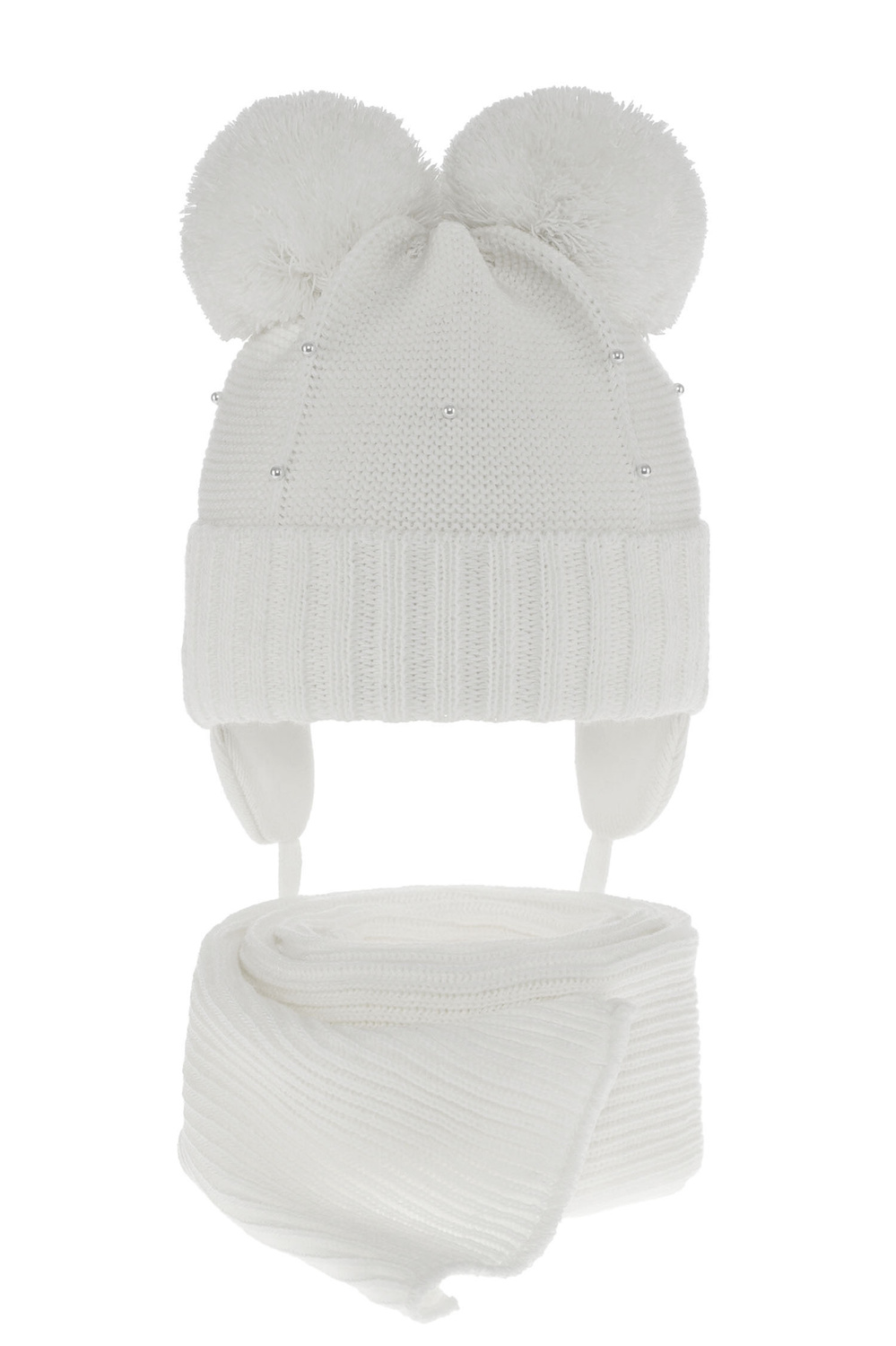 Ensemble d'hiver fille: bonnet et écharpe, blanc, avec deux pompons, wiązany Fibien