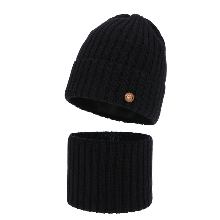 Ensemble d'hiver fille: bonnet et snood, noir, 100% laine mérinos, doublé de coton, Vanira