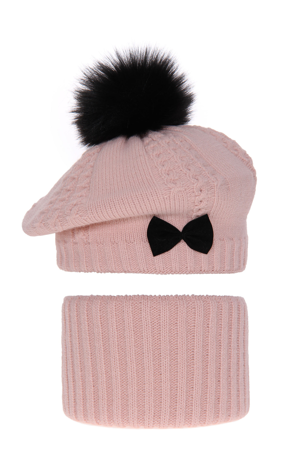 Ensemble d'hiver fille: beret et snood, rose, avec pompon, Amora