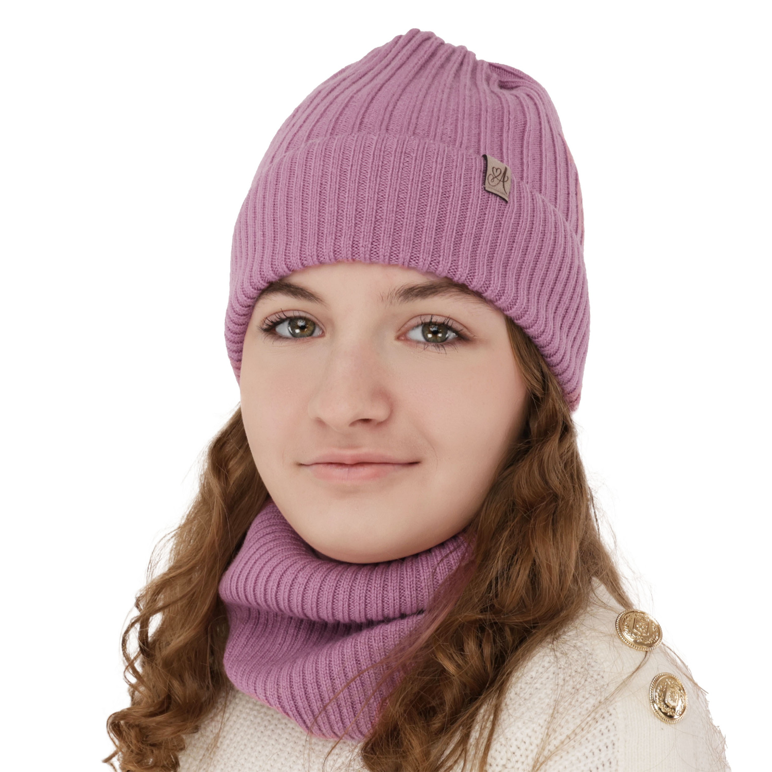Ensemble d'hiver fille: bonnet et snood, amarante, avec laine mérinos, Patricia