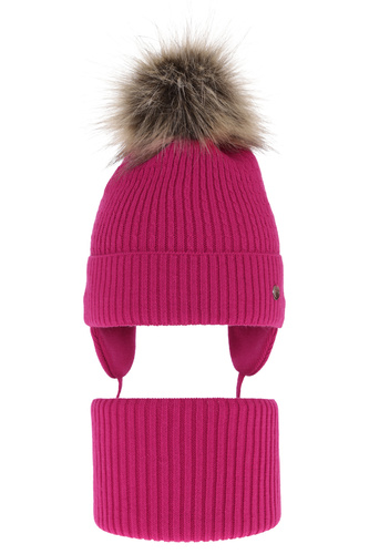 Ensemble d'hiver fille: bonnet et snood, rose, avec pompon, Debra