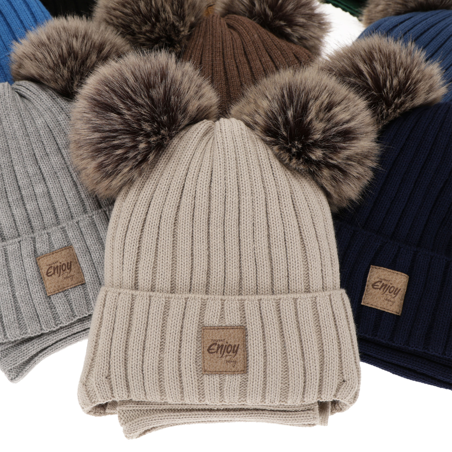 Ensemble d'hiver garçon: bonnet et snood, beige, avec deux pompons, avec liens, Orange