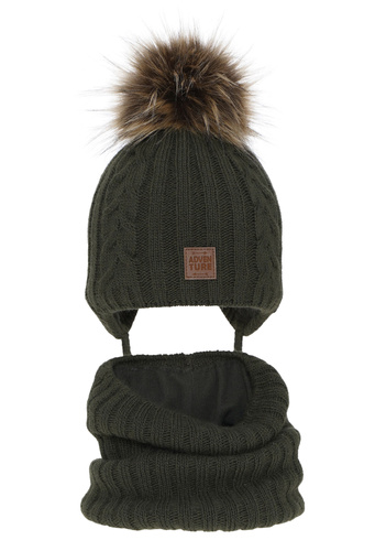 Ensemble d'hiver garçon: bonnet et snood, khaki, avec pompon, Casper