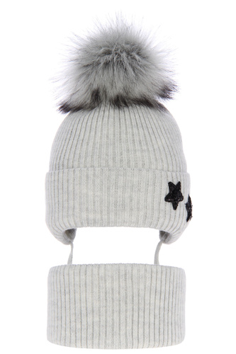 Ensemble d'hiver fille: bonnet et snood, gris, avec liens, Delicja