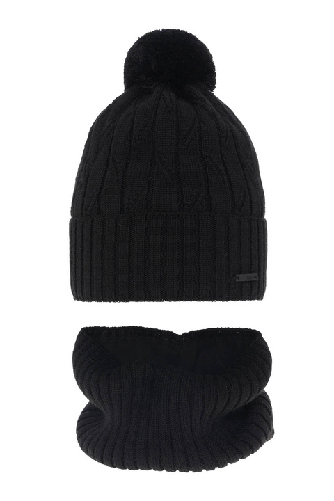 Ensemble d'hiver garçon: bonnet et snood, noir, avec pompon, avec laine mérinos, Talar