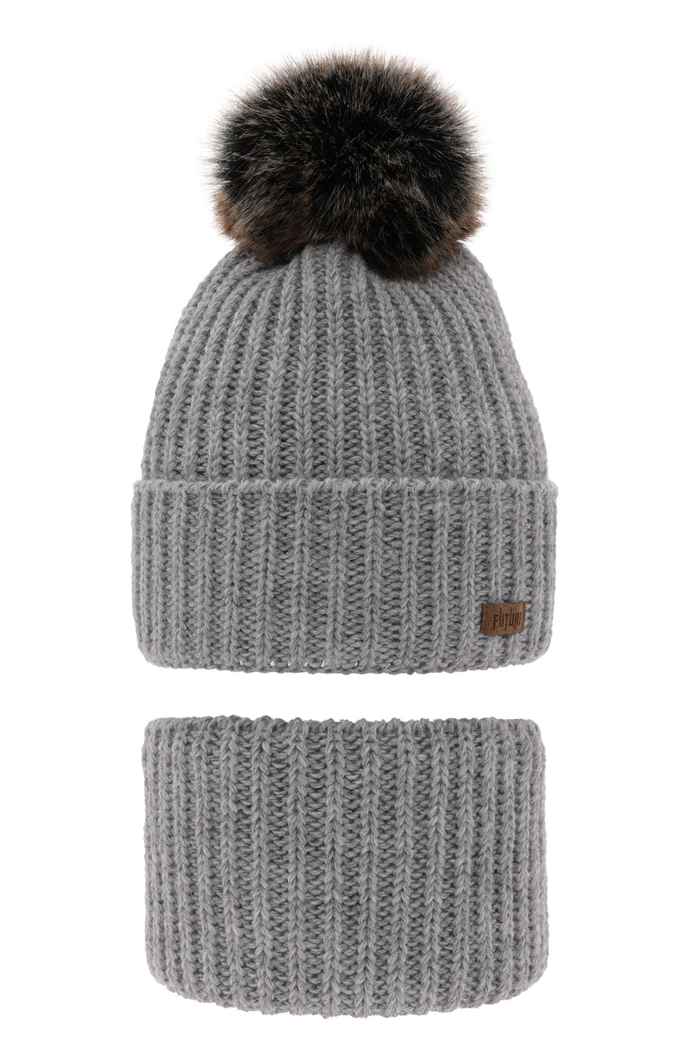 Ensemble d'hiver garçon: bonnet et snood, gris, avec pompon, Wonder