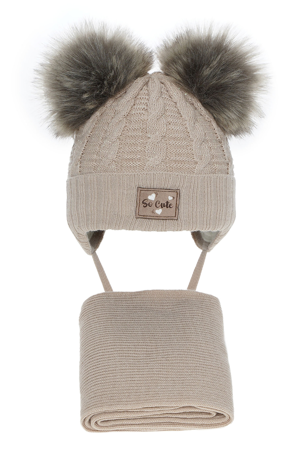 Ensemble d'hiver fille: bonnet et écharpe, beige, avec fil brillant, avec deux pompons, Klarita
