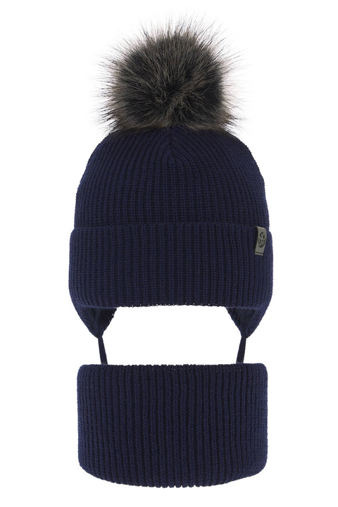 Ensemble d'hiver garçon: bonnet et snood, bleu marine, avec liens, avec pompon, Honed