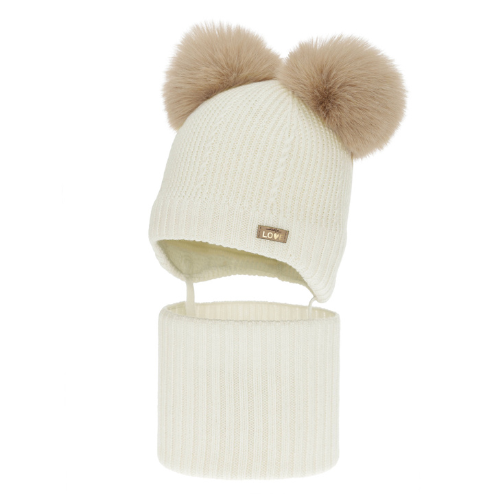 Ensemble bonnet et tour de cou fille, hiver, crème, 100% laine mérinos, doublé polaire laine, Lumia
