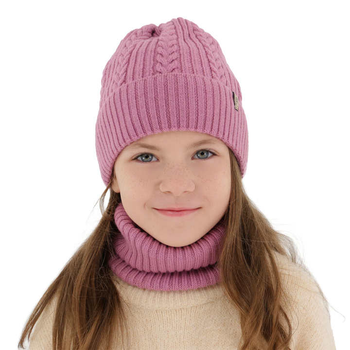 Ensemble d'hiver fille: bonnet et snood, violet, avec laine mérinos, Jenny