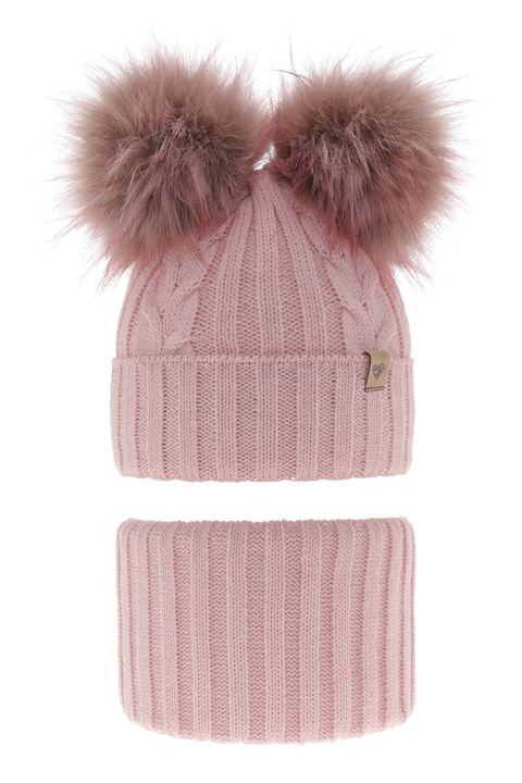 Ensemble d'hiver fille: bonnet et snood, rose, avec deux pompons, Amala