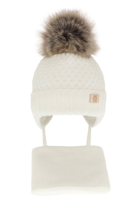 Ensemble d'hiver garçon: bonnet et écharpe, crème, avec pompon, avec liens, Norberto
