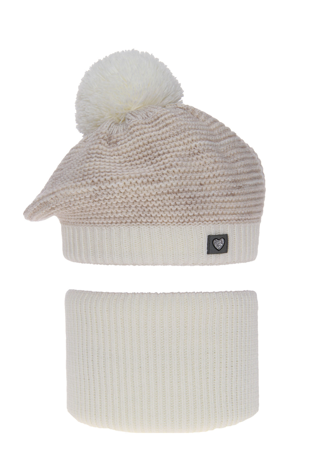 Ensemble d'hiver fille: beret et snood, beige, avec pompon, Lira
