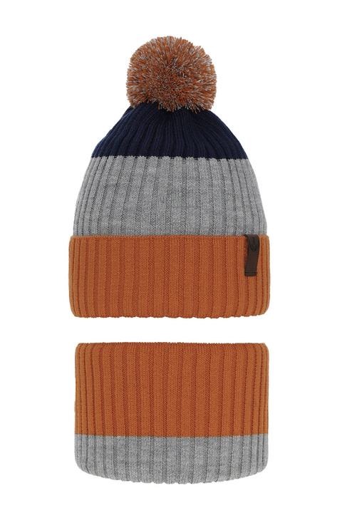 Ensemble d'hiver garçon: bonnet et snood, orange, avec pompon, Karson