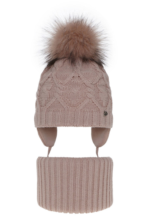 Ensemble d'hiver fille: bonnet et snood, rose, avec pompon, Elena