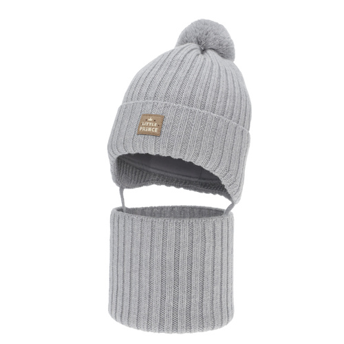 Ensemble d'hiver garçon: bonnet et snood, gris, 100% Laine Mérinos, doublé de coton, avec liens, Masil